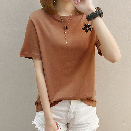 [당일발송] 라운드 플라워 자수 스판 반팔 티셔츠