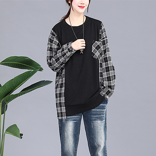 체크 배색 루즈핏 롱 라운드 티셔츠