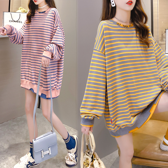 [재입고] 빈티지 넥 프린팅 기모 안감 스트라이프 티셔츠