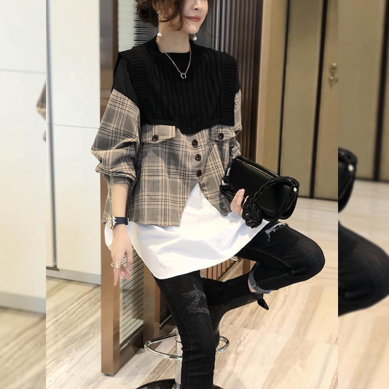 [재입고] 니트 체크 버튼 포인트 롱 티셔츠