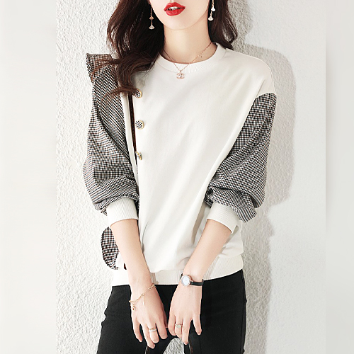 [당일발송] 체크 버튼 레이스 티셔츠