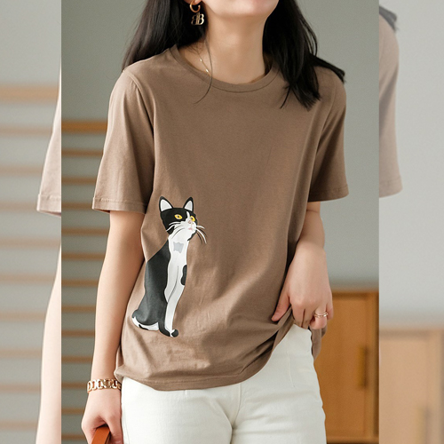 캣 프린트 라운드 반팔 티셔츠 1 