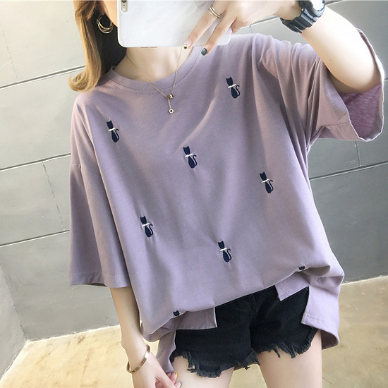 라운드 리본 야옹이 자수 티셔츠