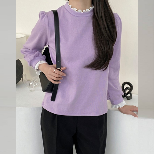 ◈[당일발송] 프릴 배색 어깨 셔링 티셔츠