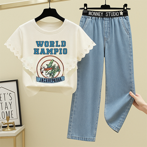 [당일발송]★2SET 19980★캐주얼 프릴 반팔 티셔츠+레터링 밴딩 와이드 데님 팬츠