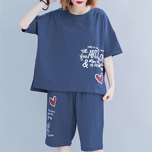 캐주얼 프린팅 옆트임 티셔츠+밴딩 5부 팬츠 2SET