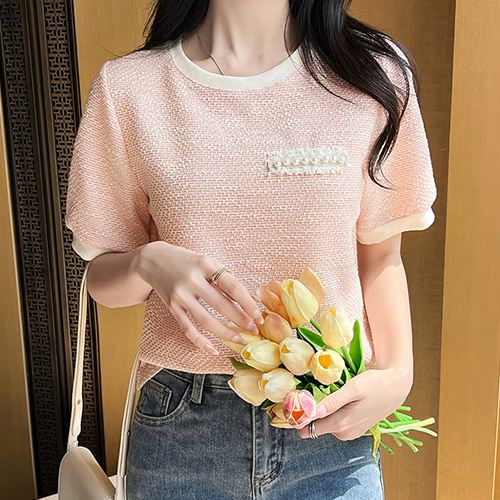 진주 포인트 트위드 반팔 티셔츠