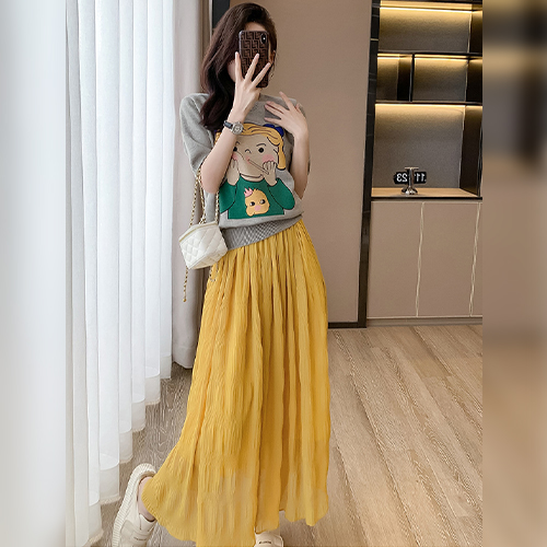 프린팅 반팔 티셔츠&화사한 셔링 스커트 2SET