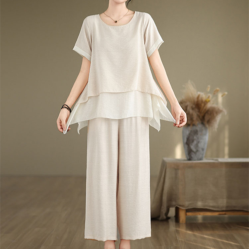 루즈핏 레이어 티셔츠&와이드 밴딩 팬츠 2SET