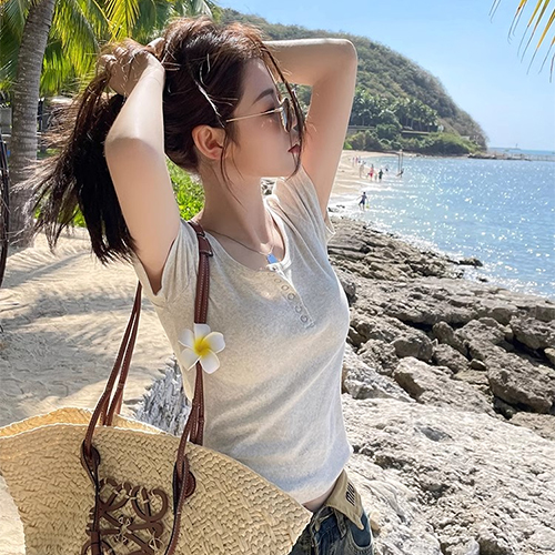 [당일발송] 슬림 헨리넥 크롭 반팔 티셔츠