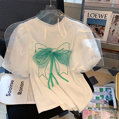 ◈[당일발송] 그린 리본 퍼프소매 반팔 티셔츠