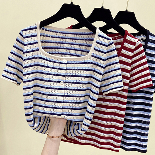 ◈[당일발송] ★자정마감 8990원★스퀘어 줄무늬 펀칭 캐주얼 반팔티