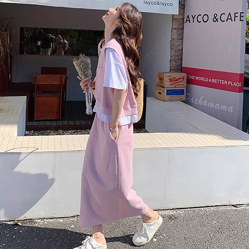 연핑크 레이어 반팔티&밴딩 스커트 2SET