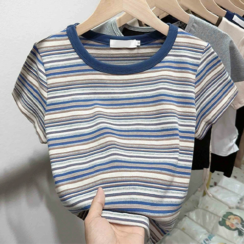 ◈[당일발송] 스트라이프 배색 라운드 반팔티
