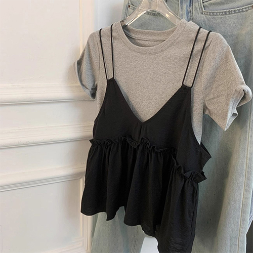 ◈[당일발송] 베이직 반팔티&프릴 더블끈 뷔스티에 2SET (44-55만 당일발송 가능]