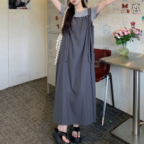 ◈[당일발송] 라운드 이너 반팔티&버튼 멜빵 나시 원피스 2SET