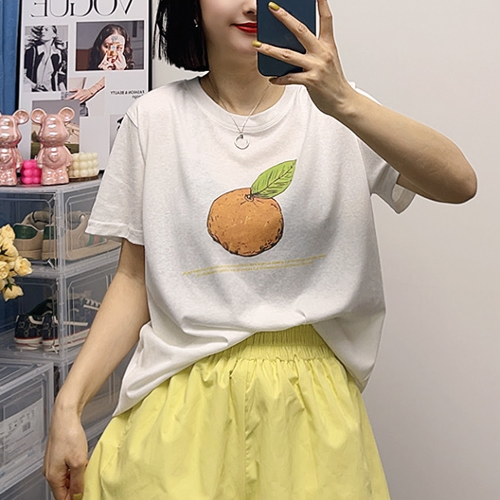 ◈[당일발송] 오렌지 프린트 라운드 반팔 티셔츠