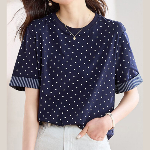 ◈[당일발송] 도트 배색 소매 반팔 티셔츠