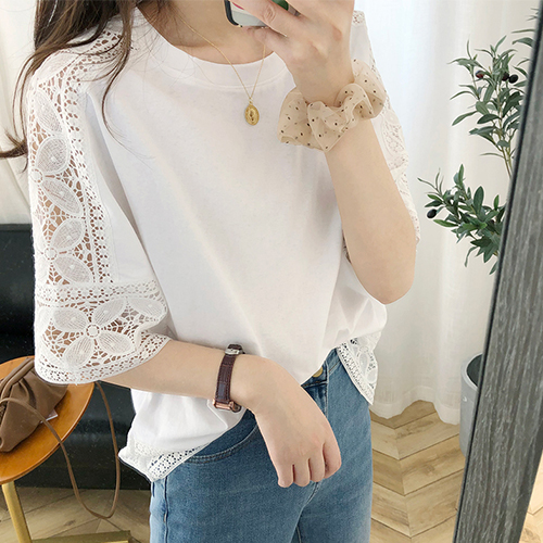 ◈[당일발송] 앤틱 페미닌 펀칭 반팔티