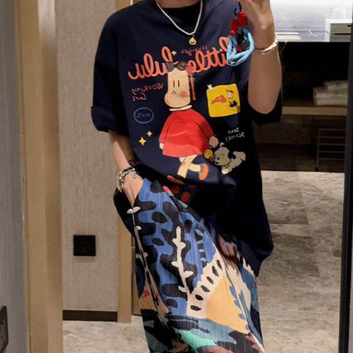 ◈[당일발송] 유니크 프린팅 루즈 반팔티&스커트 2SET