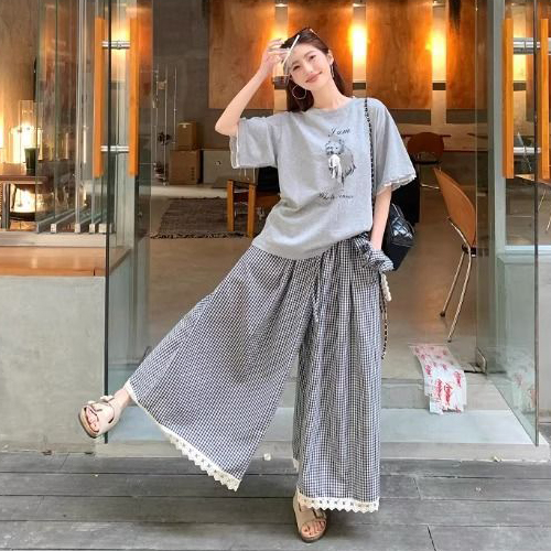.레이스 포인트 티셔츠&체크 팬츠&헤어밴드 2SET