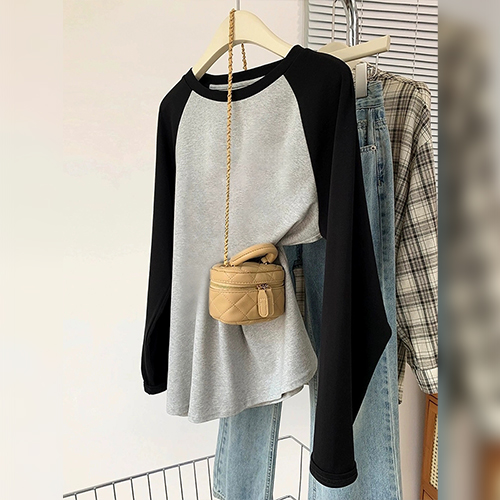 캐주얼 배색 루즈핏 긴팔 티셔츠