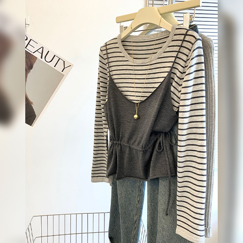 ◈[당일발송] 스트라이프 긴팔티&스트링 뷔스티에 2SET