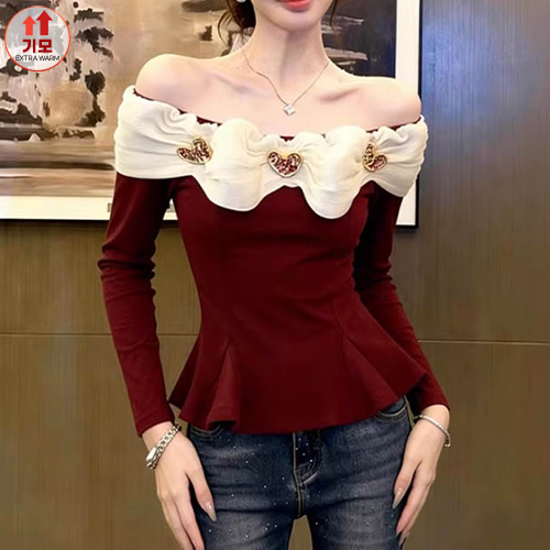 ◈[당일발송] 하트 셔링 오프숄더 기모 티셔츠