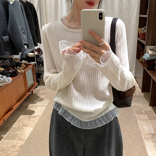 여리핏 시스루 프릴 골지 티셔츠