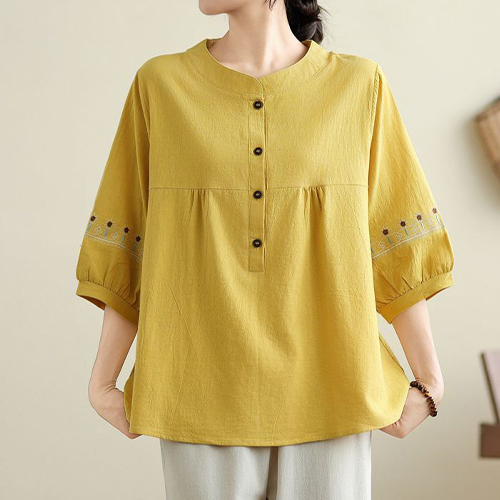 아방핏 플라워 자수 7부 코튼 티셔츠