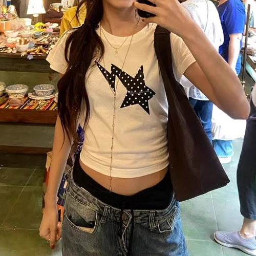 키치 스타 프린팅 크롭 슬림 반팔티