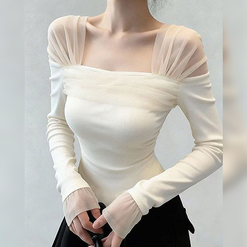 시스루 숄더 스퀘어넥 슬림티