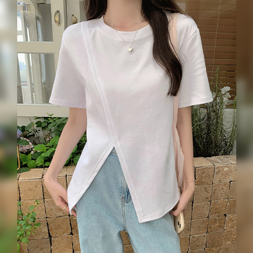 언발 사선 슬릿 코튼 반팔티