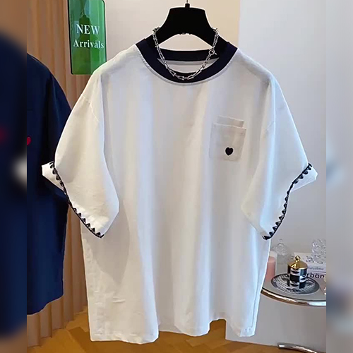 하트 포켓 배색 스티치 루즈핏 반팔티