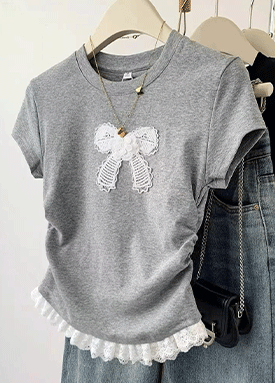 리본 레이스 사이드 셔링 슬림 반팔 티셔츠