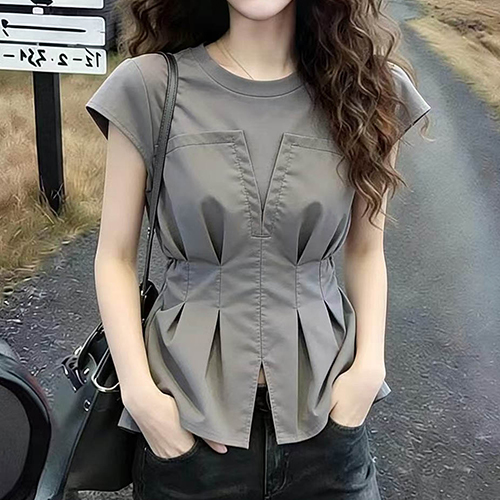 슬림라인 핀턱 페플럼 반팔티