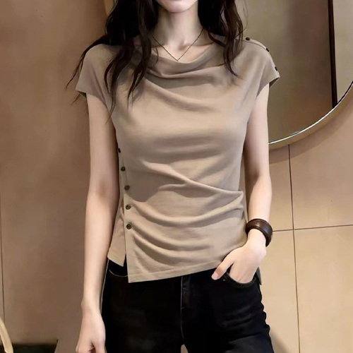 사이드 버튼 드레이프 넥 셔링 반팔티
