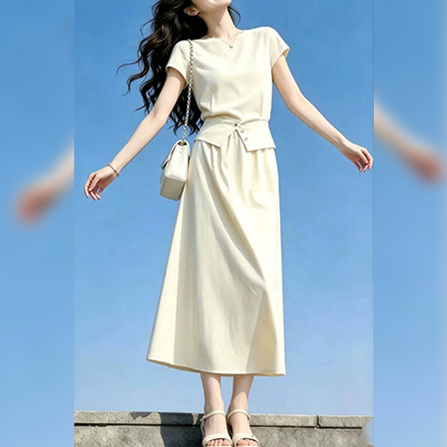 심플 버튼 트임 반팔티&밴딩 스커트 2SET