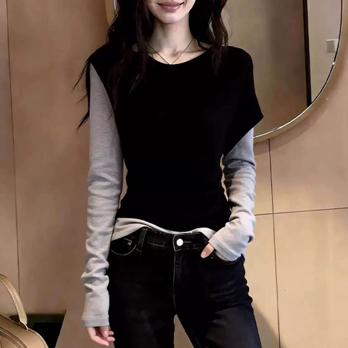 레이어드 배색 롱슬리브 티셔츠