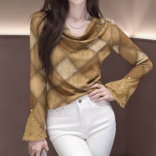 체크 드레이프 레이스 긴팔티