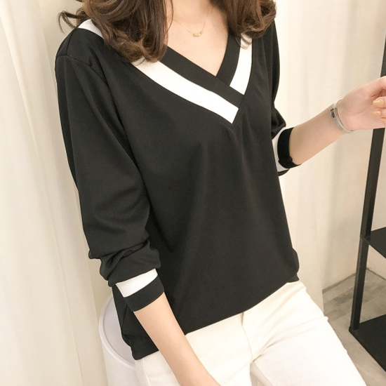[당일발송] 시보리 배색 브이넥 티셔츠 