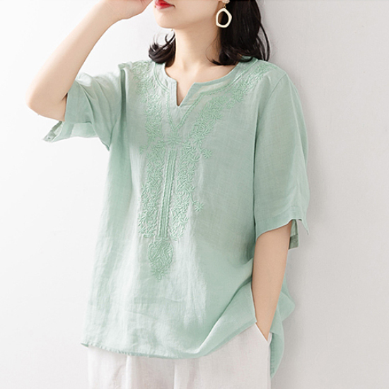 [당일발송3] [재입고]트임 네크라인 자수 코튼 혼방 티셔츠