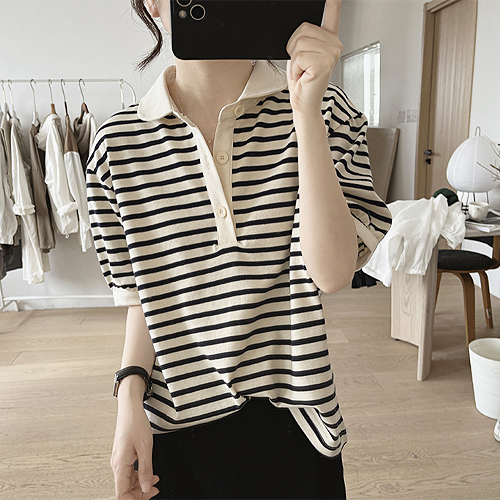 라운딩 카라 스트라이프 티셔츠