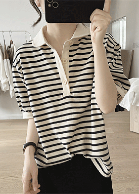 라운딩 카라 스트라이프 티셔츠