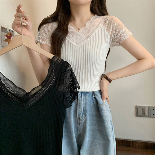 시스루 레이스 브이넥 골지 티셔츠