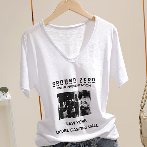 브이넥 워싱 슬럽 코튼 프린트 티셔츠