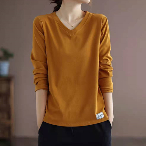 브이넥 라벨 무지 긴팔 티셔츠