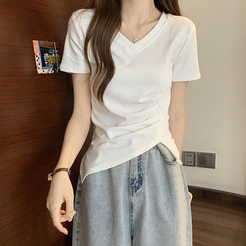 ◈[당일발송] 심플 브이넥 핀턱 셔링 반팔 티셔츠