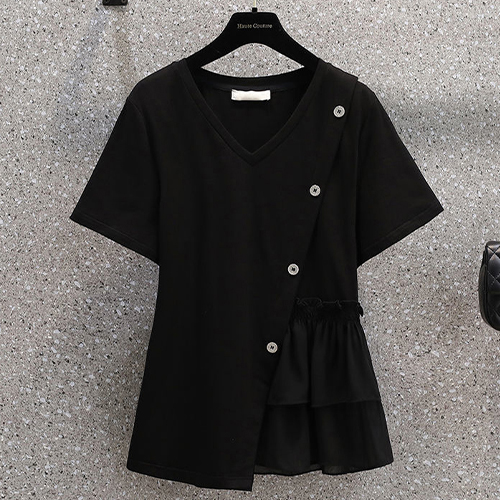 사선 하프 프릴 브이넥 티셔츠