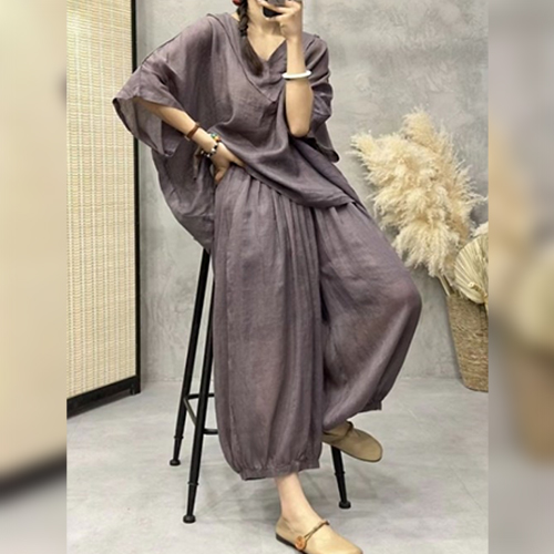 ◈[당일발송] 오버핏 브이넥 린넨 티셔츠&팬츠 2SET